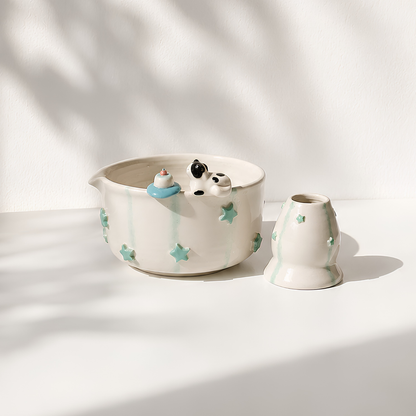Handcrafted Sweet Cat & Tiny Cake 3D Ceramic Matcha Bowl and Whisk Holder Set – Pastel Mint Star Edition • HX13