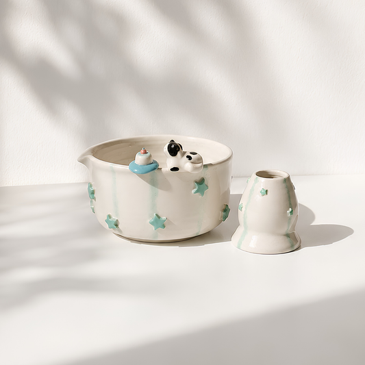 Handcrafted Sweet Cat & Tiny Cake 3D Ceramic Matcha Bowl and Whisk Holder Set – Pastel Mint Star Edition • HX13