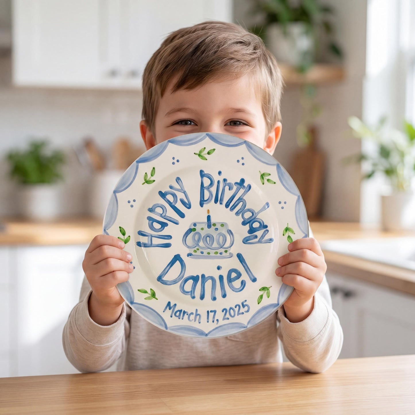 Personalized Birthday Plate – Blue Scalloped Border, Leaf Sprigs & Cake Design | B046