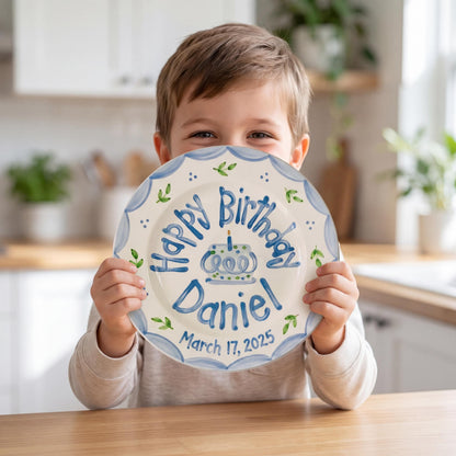 Personalized Birthday Plate – Blue Scalloped Border, Leaf Sprigs & Cake Design | B046