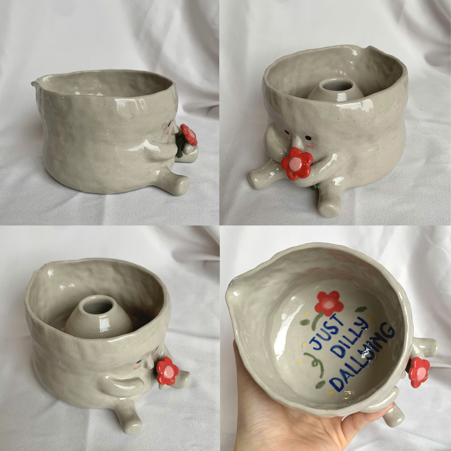Handcrafted Flower Giving Creature Ceramic Matcha Bowl and Whisk Holder Set • HX44