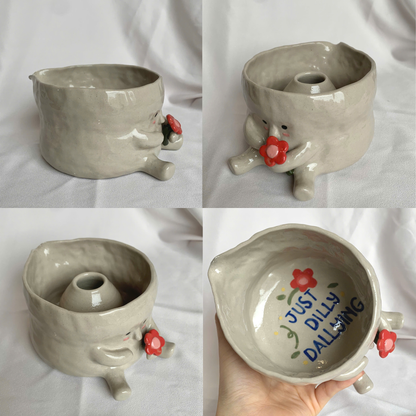 Handcrafted Flower Giving Creature Ceramic Matcha Bowl and Whisk Holder Set • HX44
