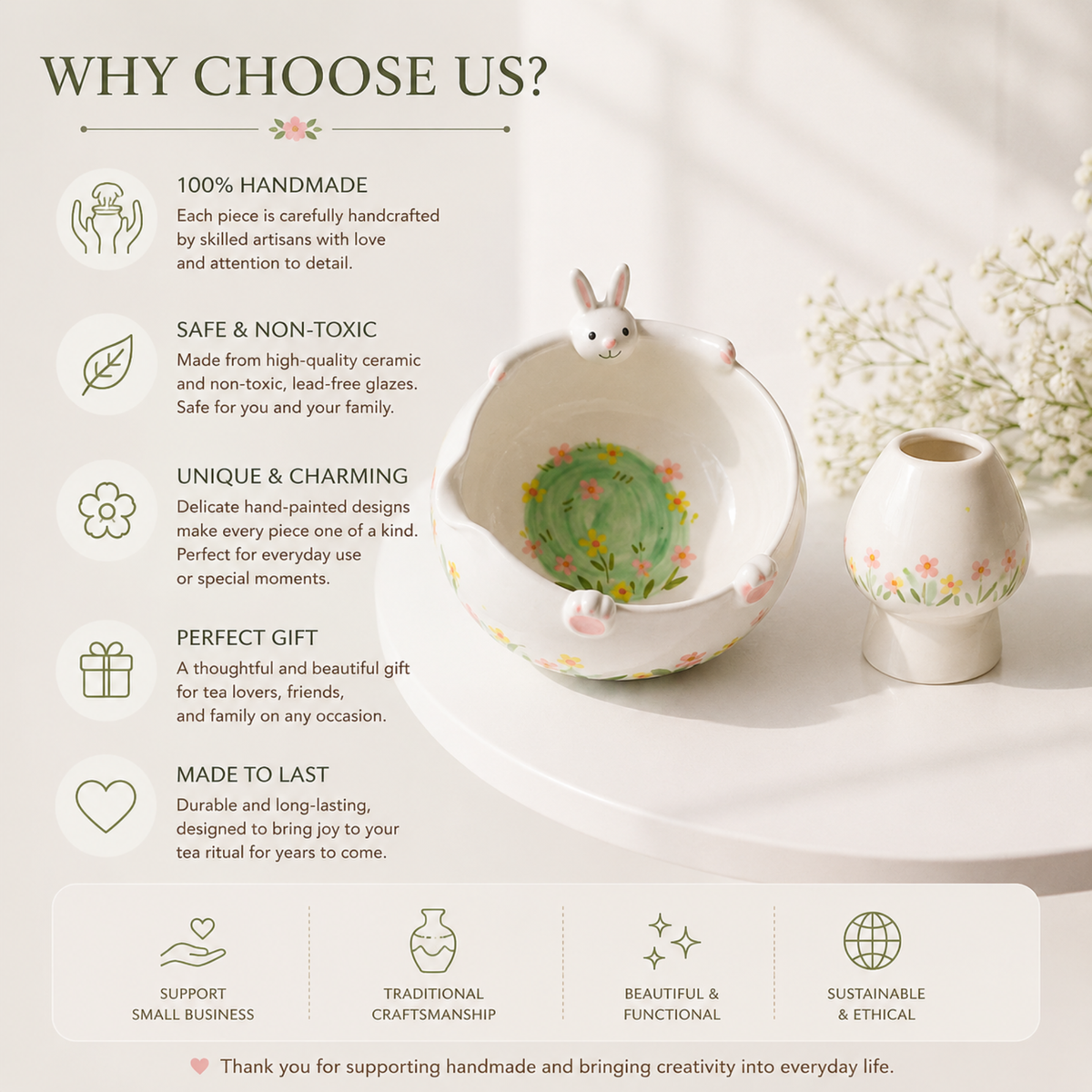 White Bunny Hug 3D Handcrafted Ceramic Matcha Bowl and Floral Whisk Holder Set • HX11