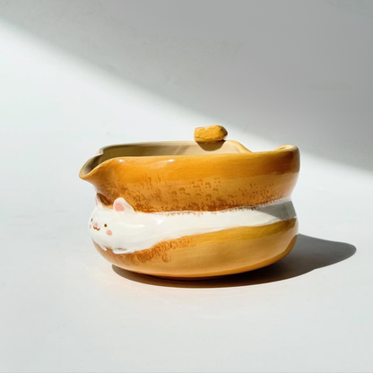 Handmade Cute Toast Bear Cream Sandwich Ceramic Matcha Bowl Set | Spouted Chawan & Whisk Holder • HX57
