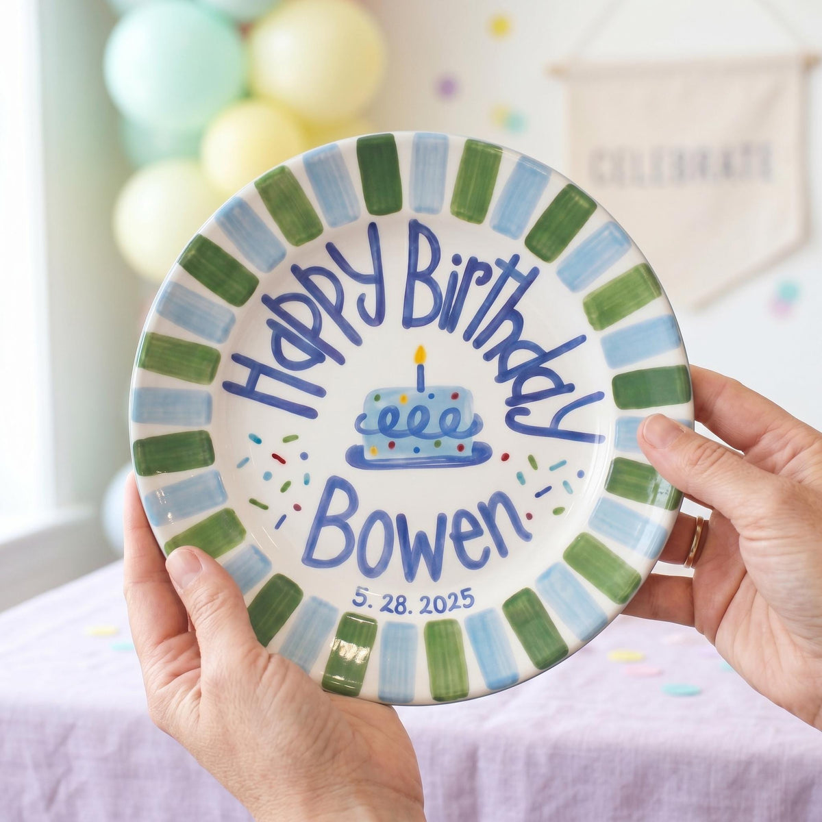 Custom Name Birthday Plate – Blue and Green Stripe Cake Design | B067