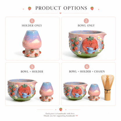 Handmade Cute Tomato Ceramic Matcha Bowl Set | Kawaii Spouted Chawan & Whisk Holder • HX54
