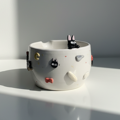 Kiki's Delivery Service Jiji & Moon 3D Handcrafted Ceramic Matcha Bowl and Whisk Holder Set • HX16