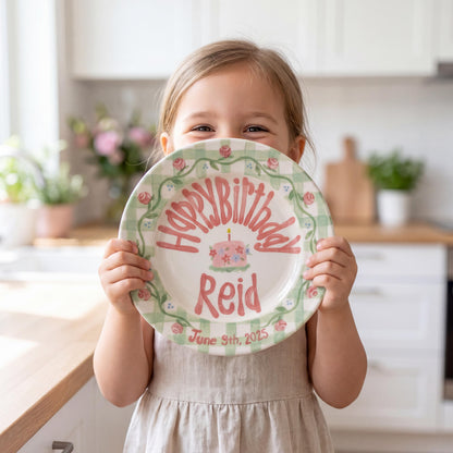 Personalized Birthday Plate – Green Gingham Rose Vine & Floral Cake Design | B047