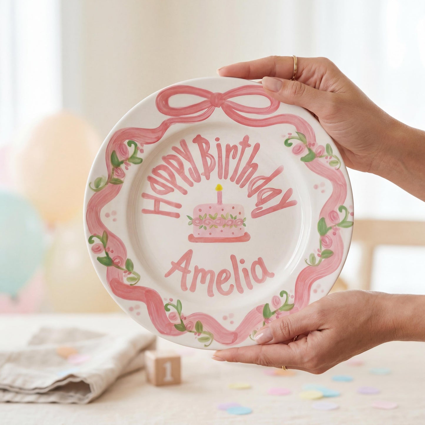 Personalized Birthday Plate – Pink Bow Floral Ribbon & Cake Design | B060