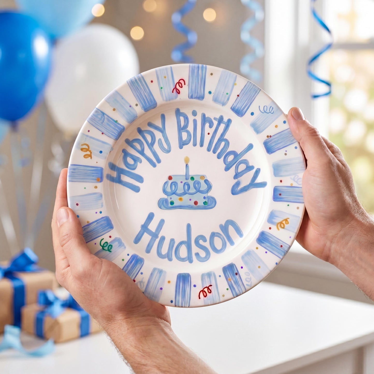 Personalized Birthday Plate – Blue Striped Cake & Sprinkles Design | B009