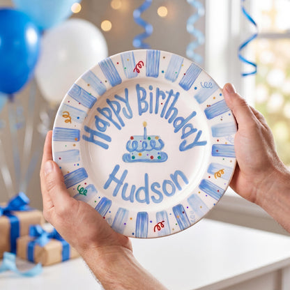 Personalized Birthday Plate – Blue Striped Cake & Sprinkles Design | B009
