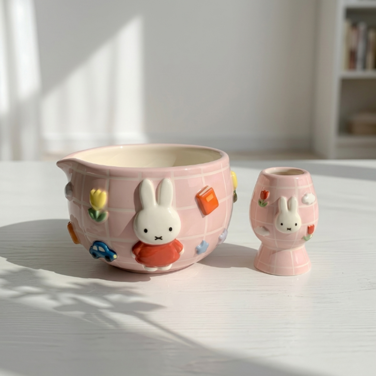 Grid Pink Bunny Matcha Bowl | Handmade Ceramic Chawan | LA024