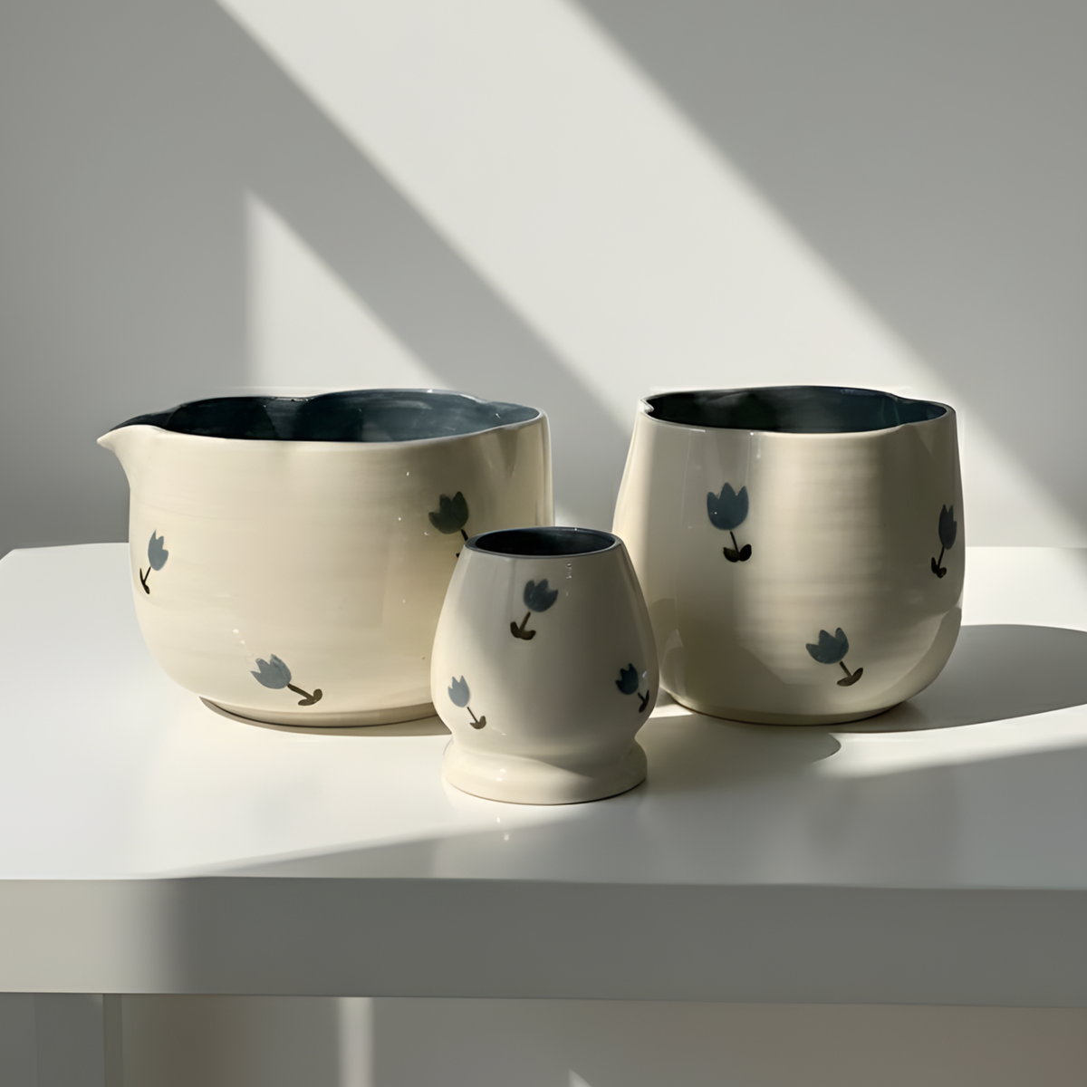 Handcrafted Blue Tulip Ceramic Matcha Set with Cup • HX49