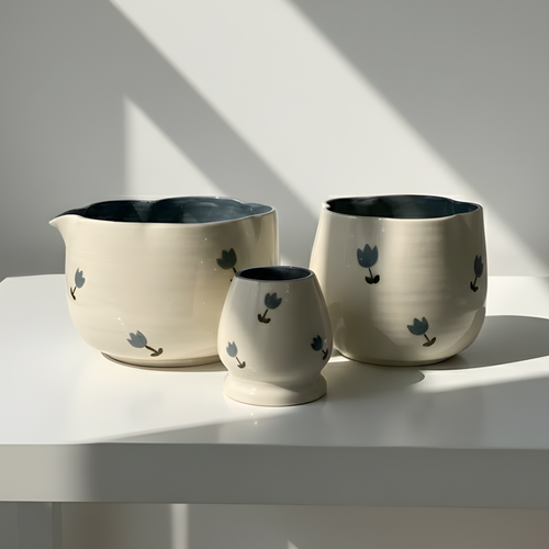 Handcrafted Blue Tulip Ceramic Matcha Set with Cup • HX49