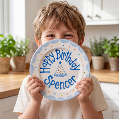 Personalized Birthday Plate – Polka Dot Party Hat & Blue Scalloped Border Design | B053