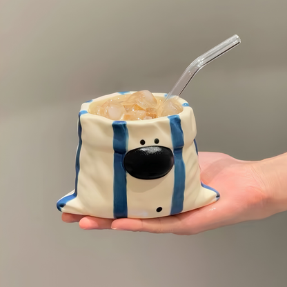 Handcrafted Blueberry Ceramic Bag Mug, Cute Hand-painted Blue Stripe Paper Bag Shaped Cup • HX43