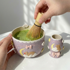 Lavender Dream Teddy Bear & Crescent Moon 3D Handcrafted Ceramic Matcha Bowl and Whisk Holder Set • HX27
