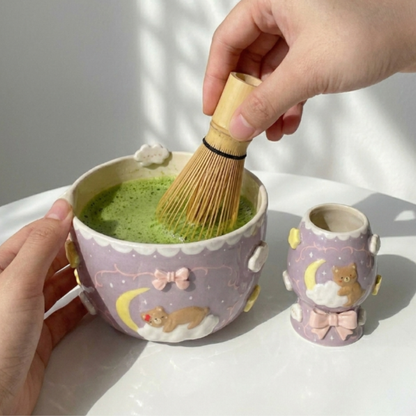 Lavender Dream Teddy Bear & Crescent Moon 3D Handcrafted Ceramic Matcha Bowl and Whisk Holder Set • HX27