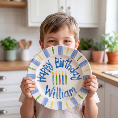 Personalized Birthday Plate – Blue Stripe & Colorful Candle Design | B070