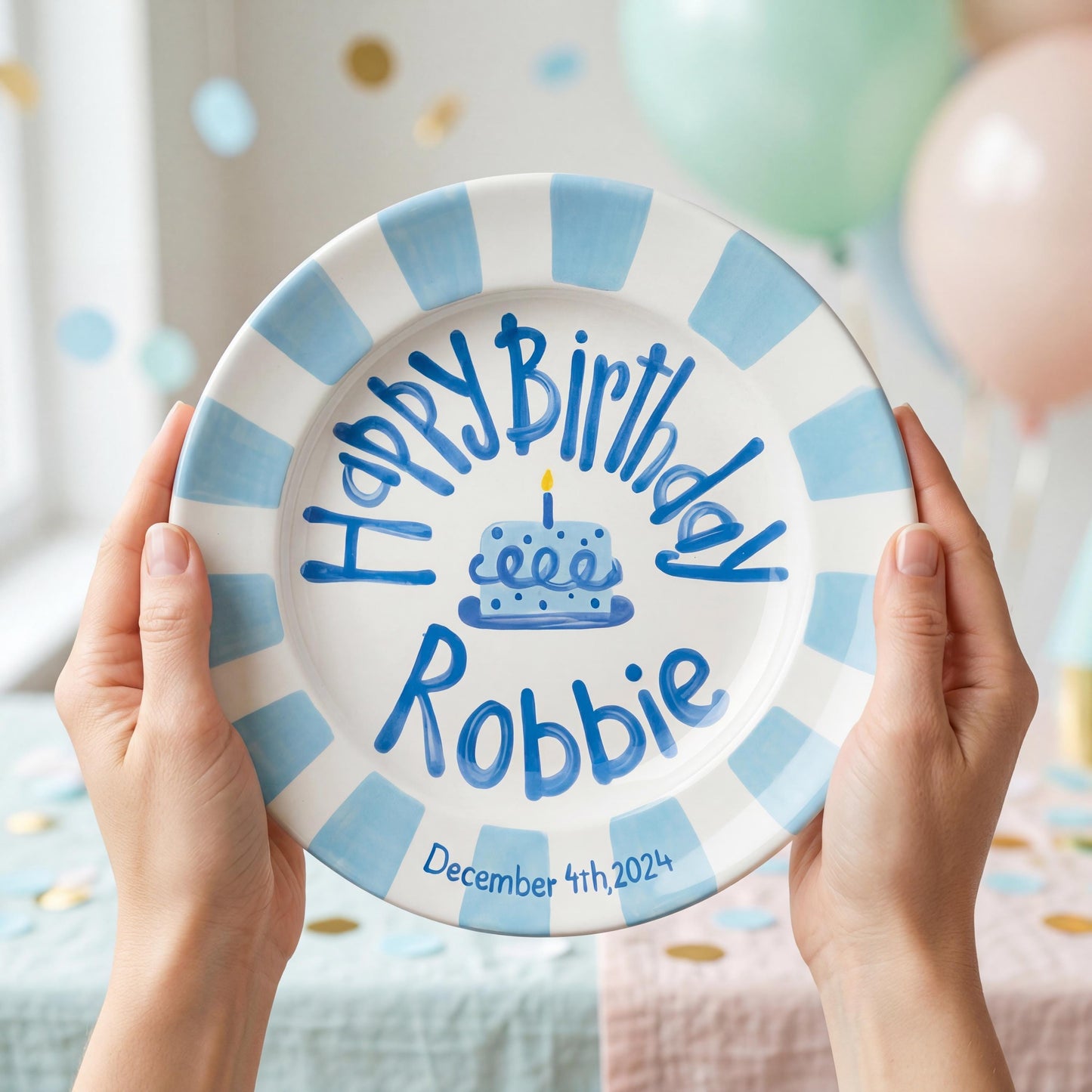 Custom Name Birthday Plate – Blue Stripe Border & Cake Design | B056