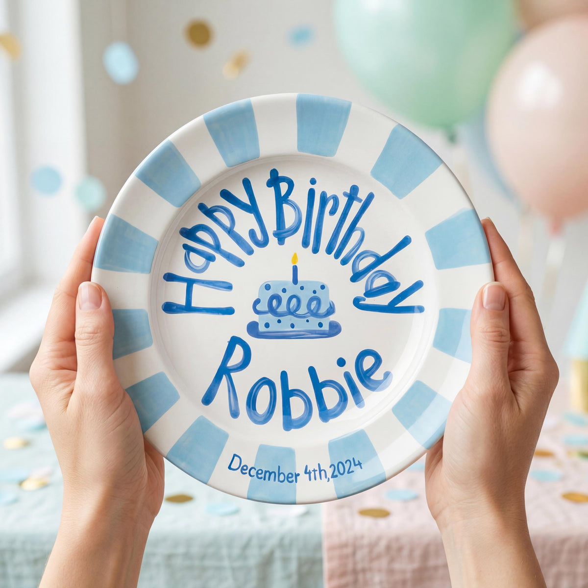 Custom Name Birthday Plate – Blue Stripe Border & Cake Design | B056