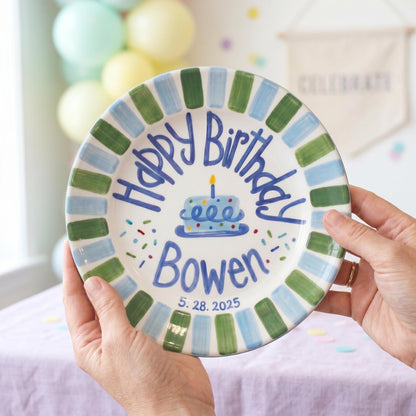 Personalized Birthday Plate – Green & Blue Stripe Cake & Candy Sprinkles Design | B067