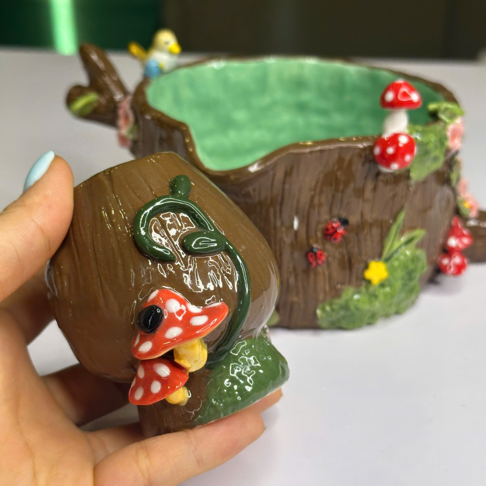 Handmade Ancient Tree Stump Ceramic Matcha Set • Forest Mushroom Chawan Bowl & Whisk Holder • HX52
