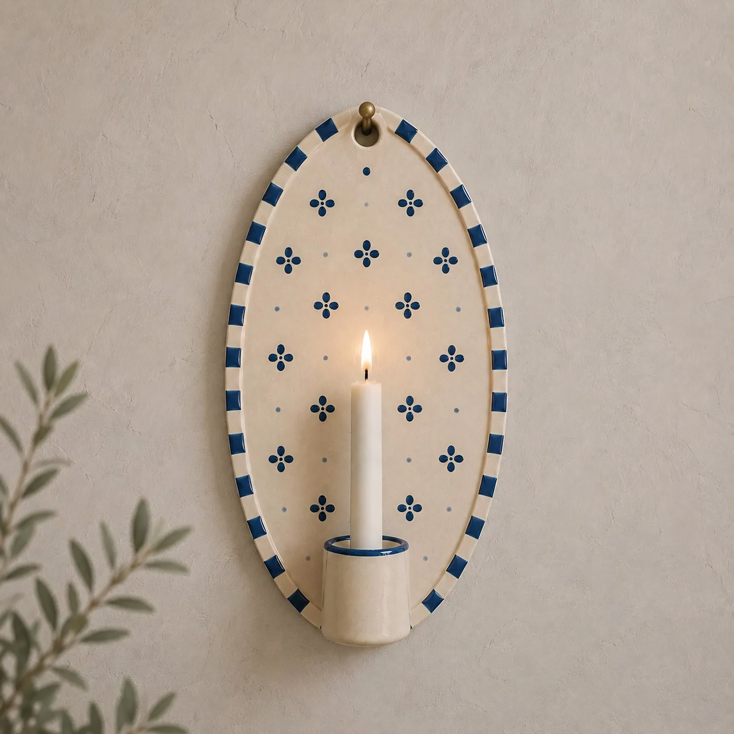 Blue Floral Wall Candle Holder, Handmade Ceramic Wall Sconce, Mediterranean Decor, Cottagecore Wall Decor, Housewarming Gift | LA124