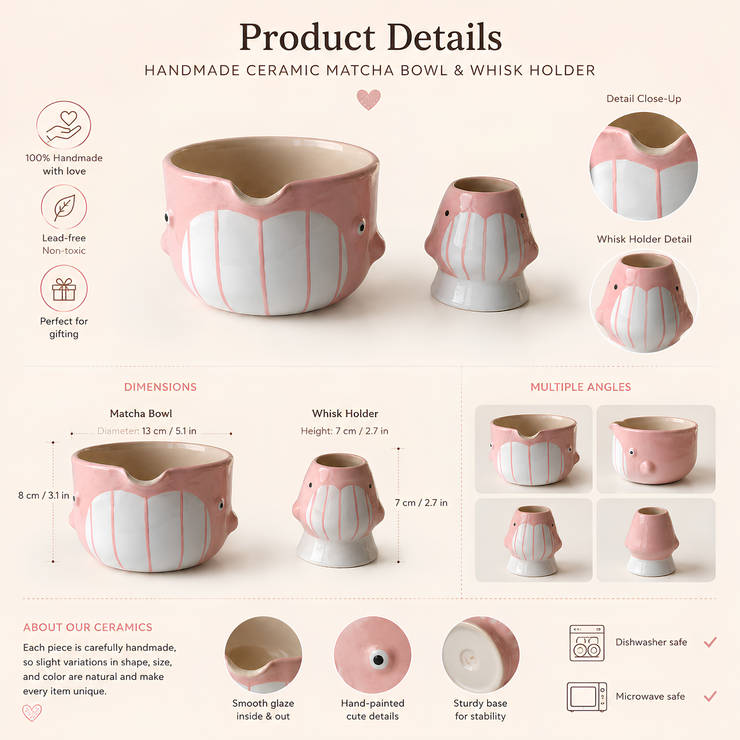 Cute Pink Dolphin Ceramic Matcha Bowl and Whisk Holder Set – Handcrafted Pastel Matchawan • HX13
