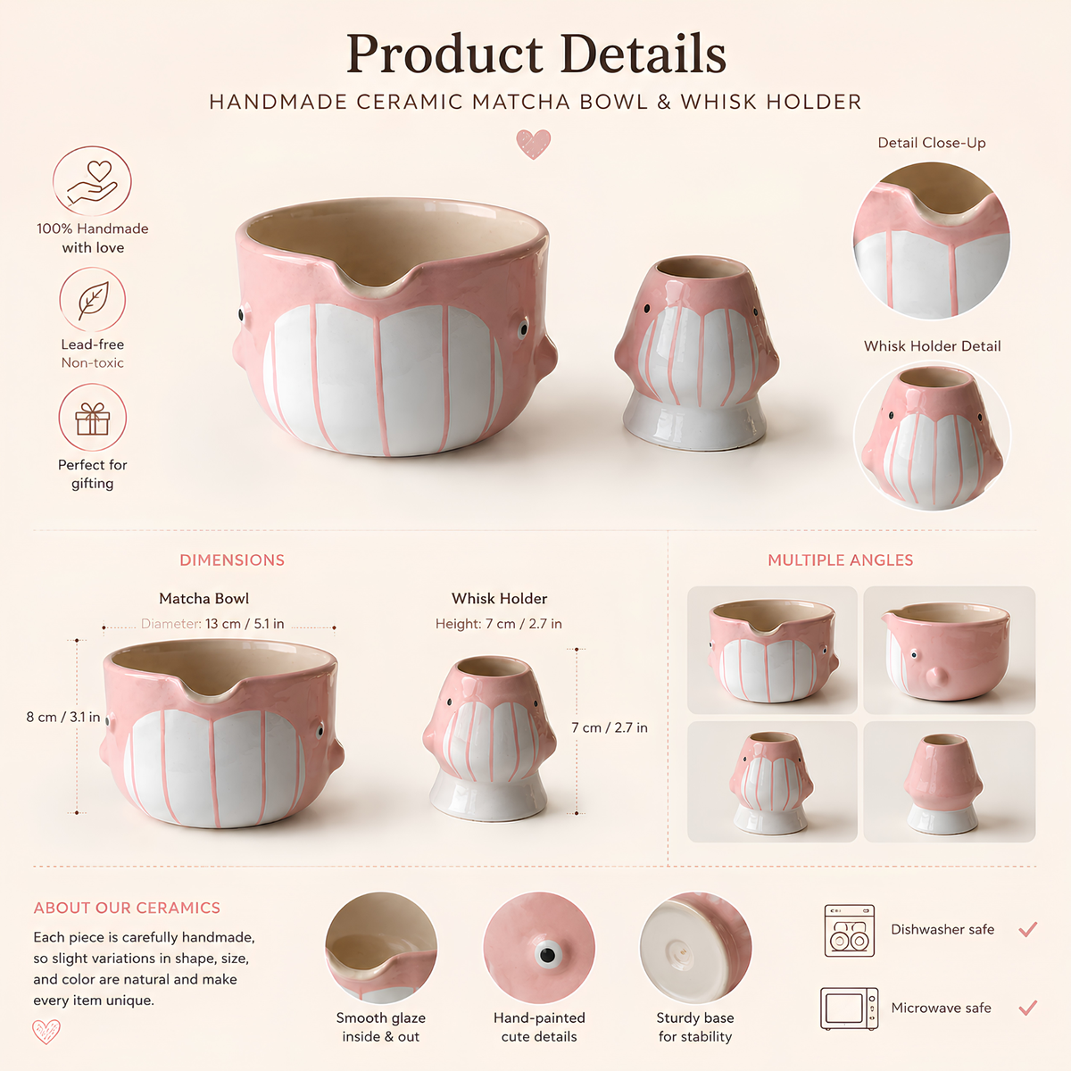 Cute Pink Dolphin Ceramic Matcha Bowl and Whisk Holder Set – Handcrafted Pastel Matchawan • HX20