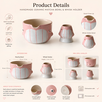 Cute Pink Dolphin Ceramic Matcha Bowl and Whisk Holder Set – Handcrafted Pastel Matchawan • HX13