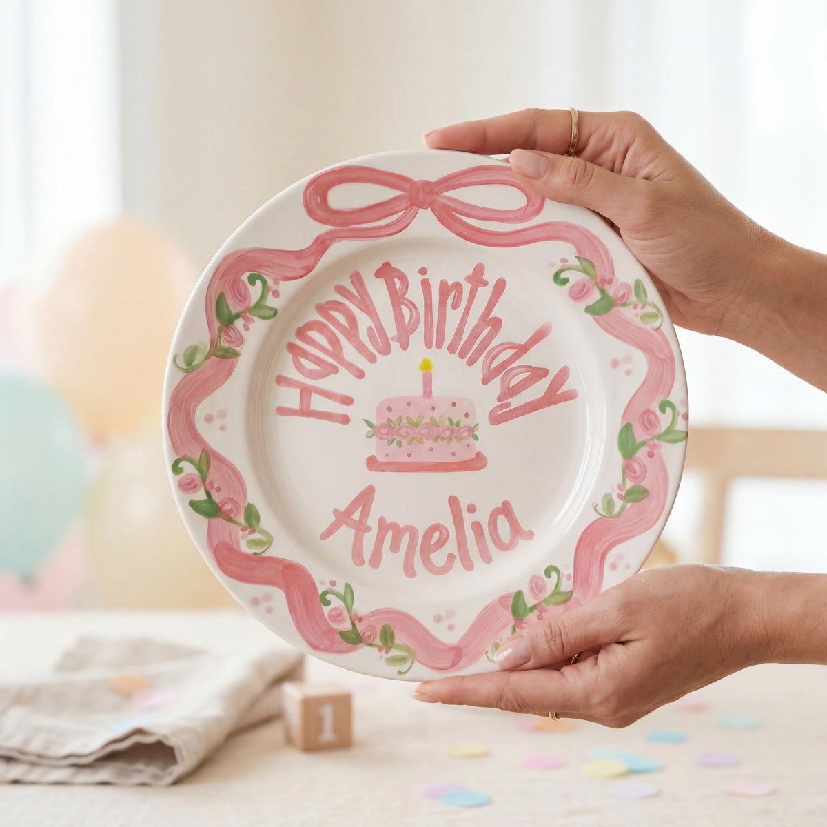 Custom Name Birthday Plate – Pink Ribbon Bow & Rose Cake Design | B060
