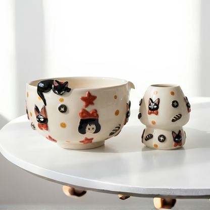 Kiki's Delivery Service 3D Handcrafted Ceramic Matcha Bowl and Jiji Whisk Holder Set • HX12