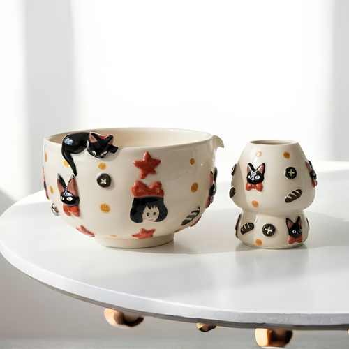 Kiki's Delivery Service 3D Handcrafted Ceramic Matcha Bowl and Jiji Whisk Holder Set • HX12