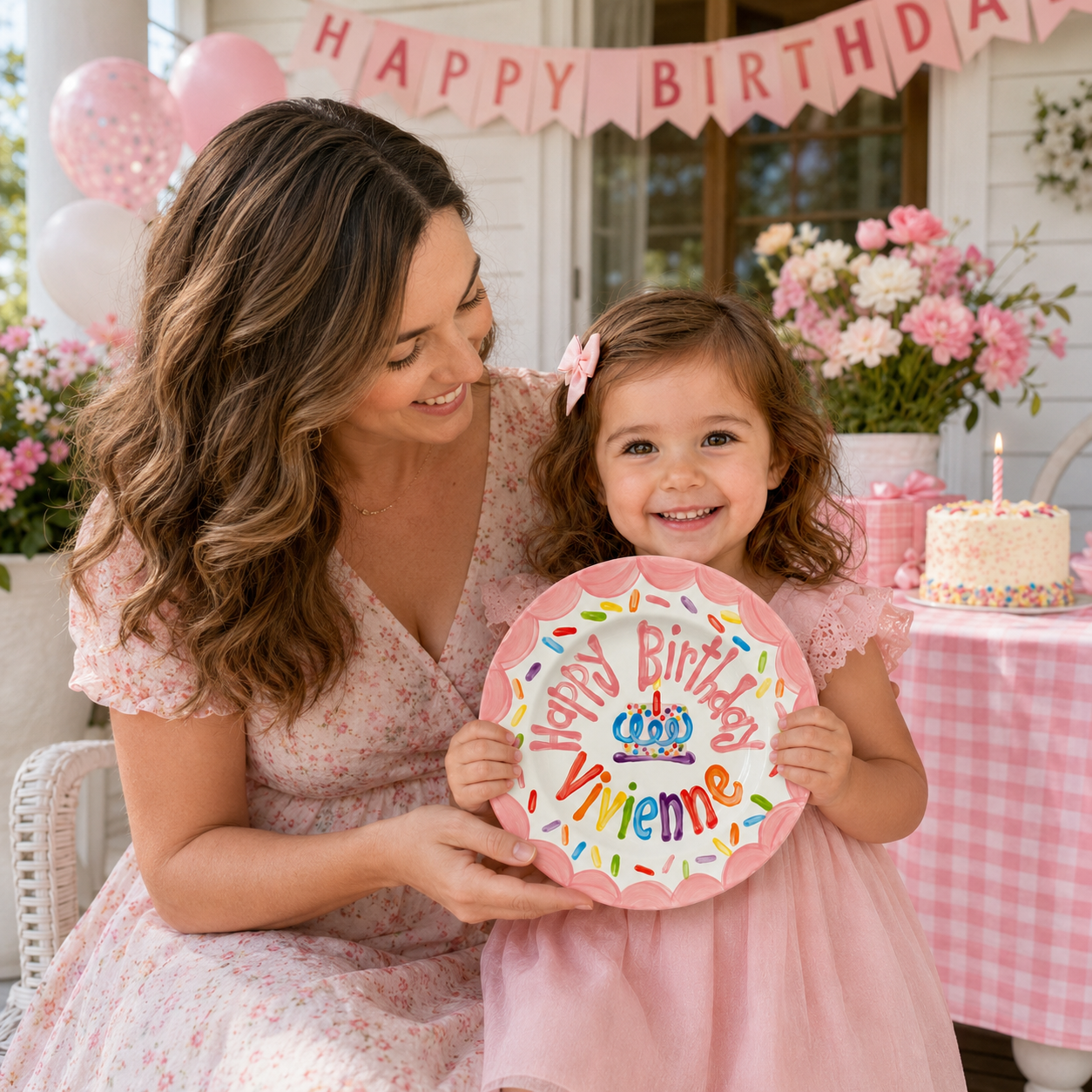 Personalized Birthday Plate – Pink Scalloped Border, Colorful Sprinkles & Cake Design | BHL010