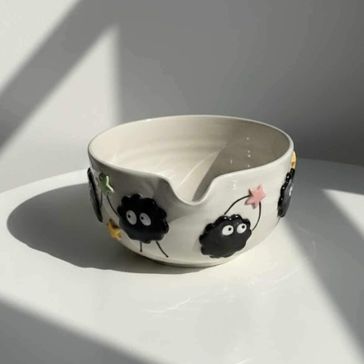 Handcrafted Soot Dust Ceramic Matcha Bowl with Spout, Cute Black Puff Spirit 3D Matchawan • HX15