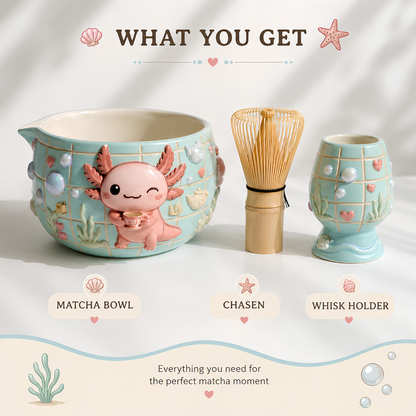 Grid Axolotl Matcha Bowl Set | Handmade Matcha Bowl Set | LA040