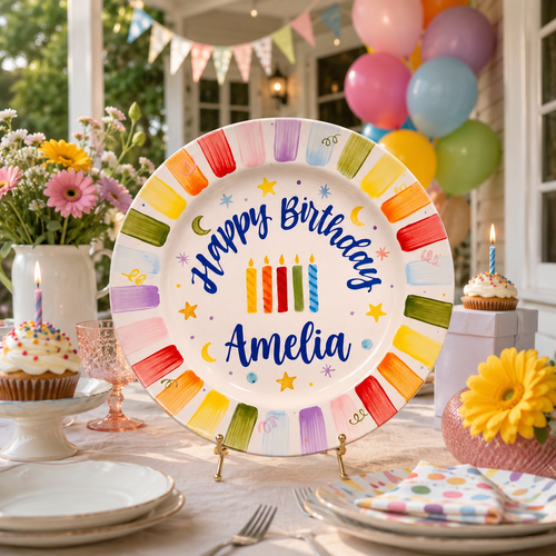 Custom Hand Painted Ceramic Birthday Plate, Rainbow Stripe Candle Dish, Personalized Birthday Plate, First Birthday Gift Girl | B008