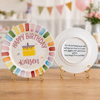Custom Hand Painted Ceramic Birthday Plate, Rainbow Stripe Cake Dish, Personalized Birthday Plate, First Birthday Gift Boy Girl | BGI018