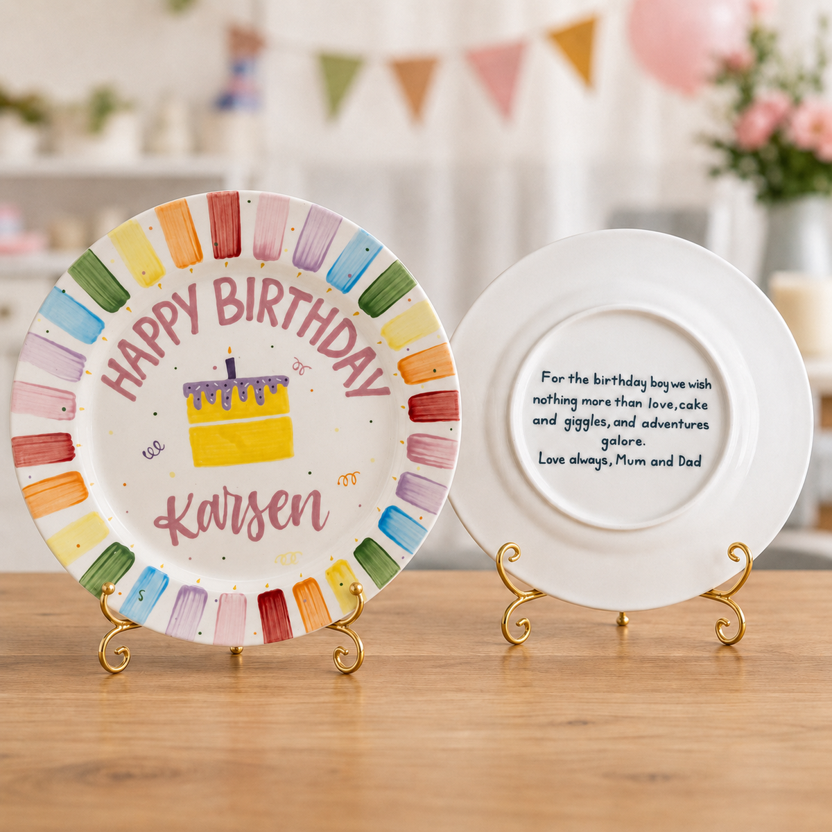 Custom Hand Painted Ceramic Birthday Plate, Rainbow Stripe Cake Dish, Personalized Birthday Plate, First Birthday Gift Boy Girl | BGI018
