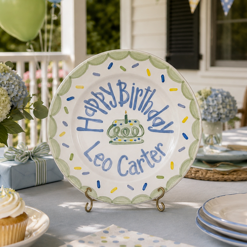 Custom Hand Painted Ceramic Birthday Plate, Green Scalloped Cake Dish, Personalized Birthday Plate, First Birthday Gift Boy | B092