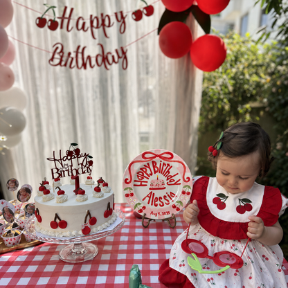 Personalized Cherry Birthday Plate, Custom Ceramic Birthday Dish, Red Bow Pink Gingham Plate, Cherry First Birthday Keepsake | B099