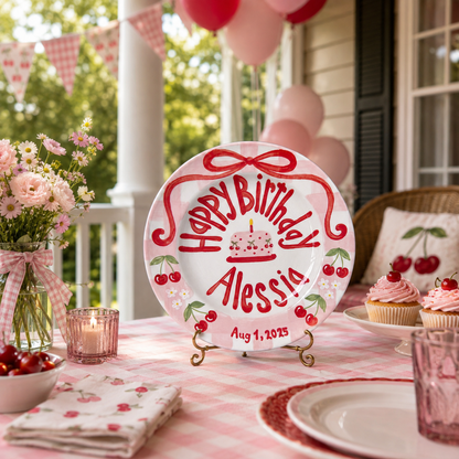 Personalized Cherry Birthday Plate, Custom Ceramic Birthday Dish, Red Bow Pink Gingham Plate, Cherry First Birthday Keepsake | B099