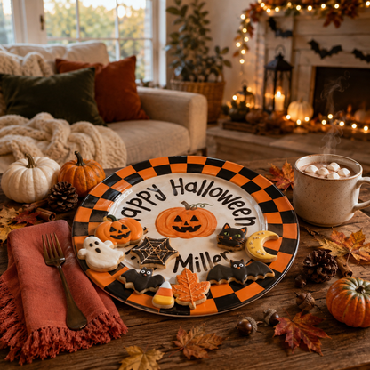 Personalized Halloween Plate, Custom Family Name Ceramic Plate, Orange Black Checkerboard Dish, Pumpkin Keepsake | H004