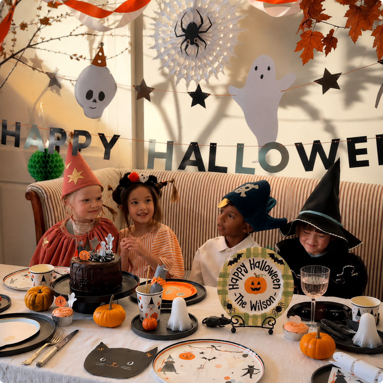 Personalized Halloween Plate, Custom Family Name Ceramic Plate, Pumpkin Bat Spider Dish, Spooky Season Tradition Keepsake | H001