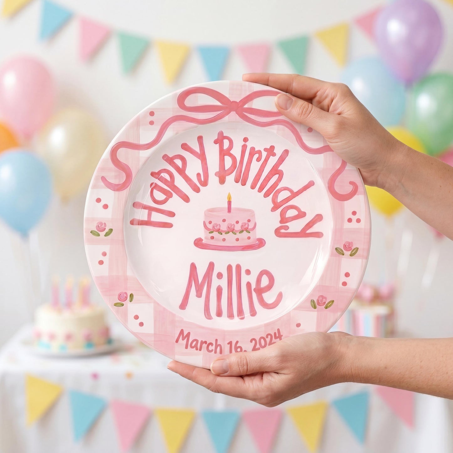 Personalized Birthday Plate – Pink Gingham Bow & Floral Cake Design | B059