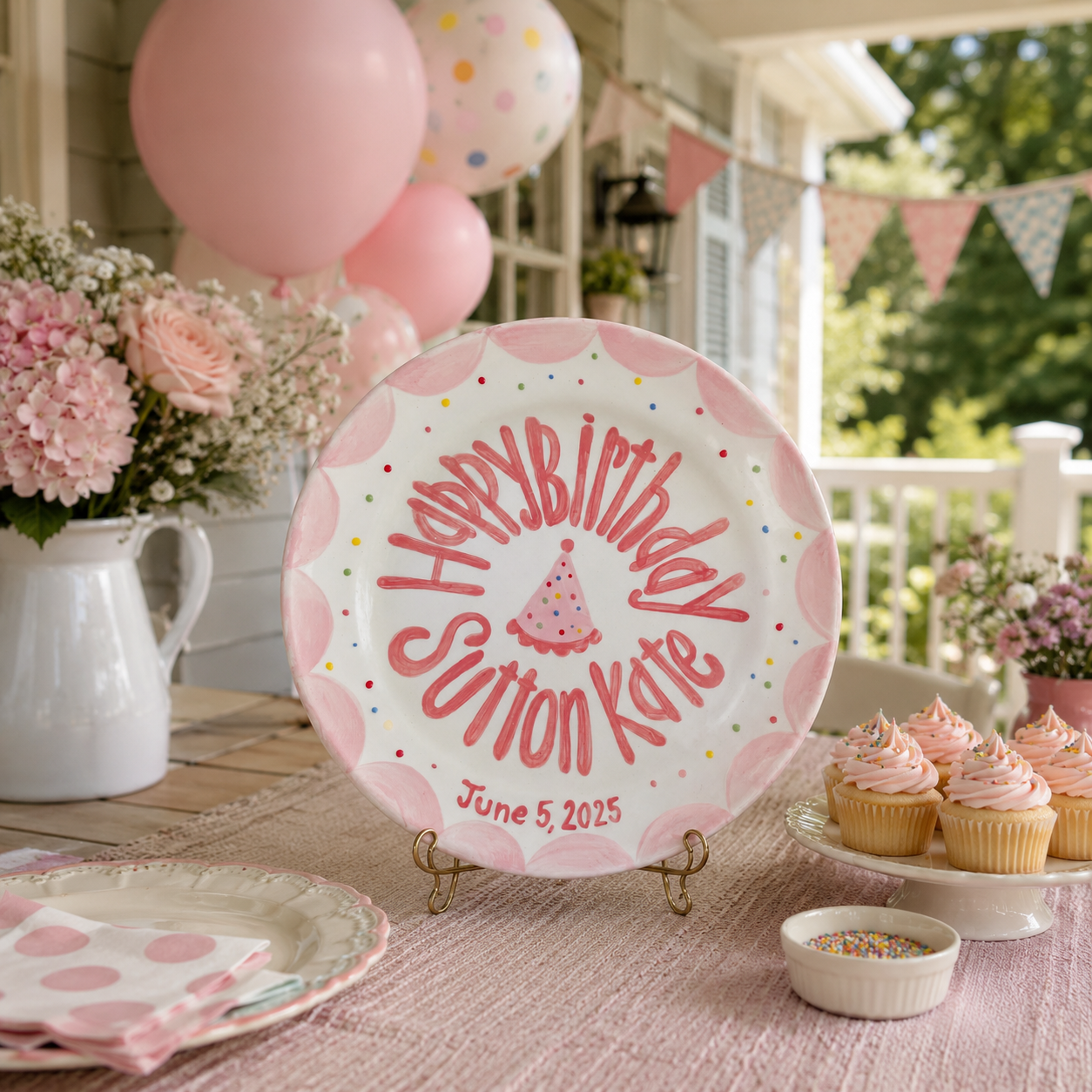 Hand-Painted Ceramic Birthday Plate, Pink Scalloped Border with Sprinkles, Custom Name Keepsake, Baby Girl Gift | B018