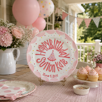Hand-Painted Ceramic Birthday Plate, Pink Scalloped Border with Sprinkles, Custom Name Keepsake, Baby Girl Gift | B018