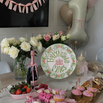 Hand-Painted Rose Garland Ceramic Birthday Plate, Sage Green Gingham Border, Personalized Name Keepsake, Party Decor | B035