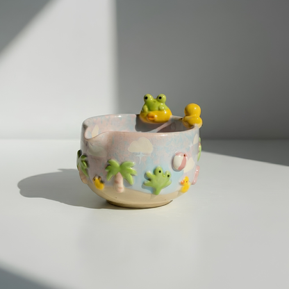 Handmade Frog Matcha Bowl Set, Cute Duck Ceramic Matcha Tea Set, Ombre Matcha Bowl with Whisk Holder, Kawaii Tea Gift | LA2